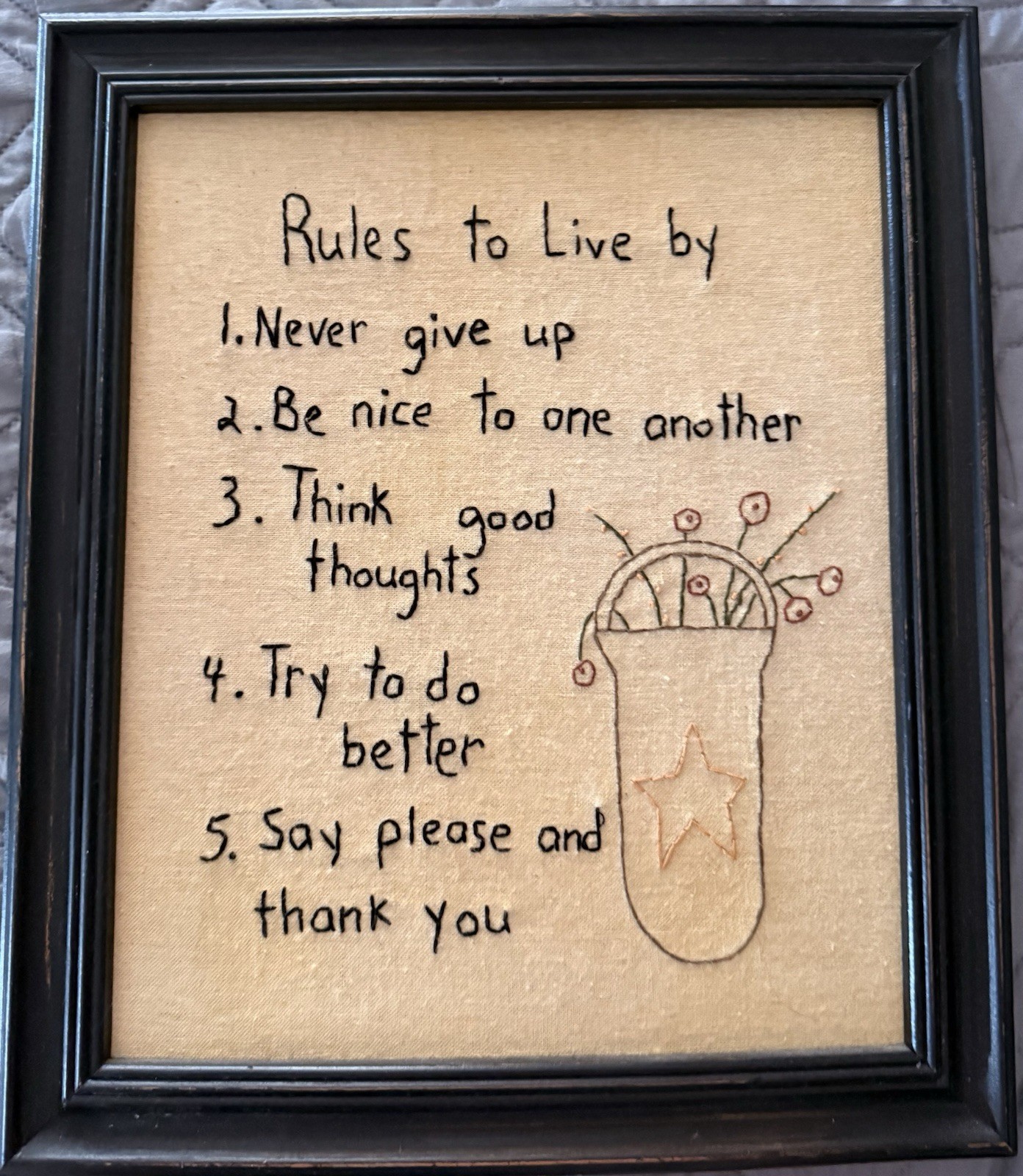 Primitive Wood Framed Embroidered Rules to Live By Flower Basket 14" × 12"