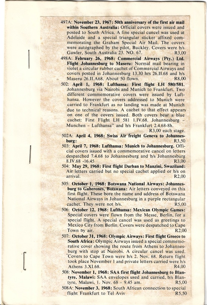 South African Airmails A Chronoligical Listing Signed By Author Capt. MF Stern