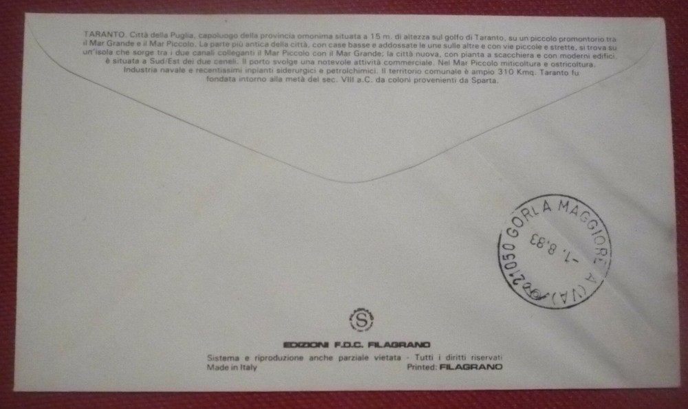 FDC FILAGRANO - TARANTO - TURISTICA 1983