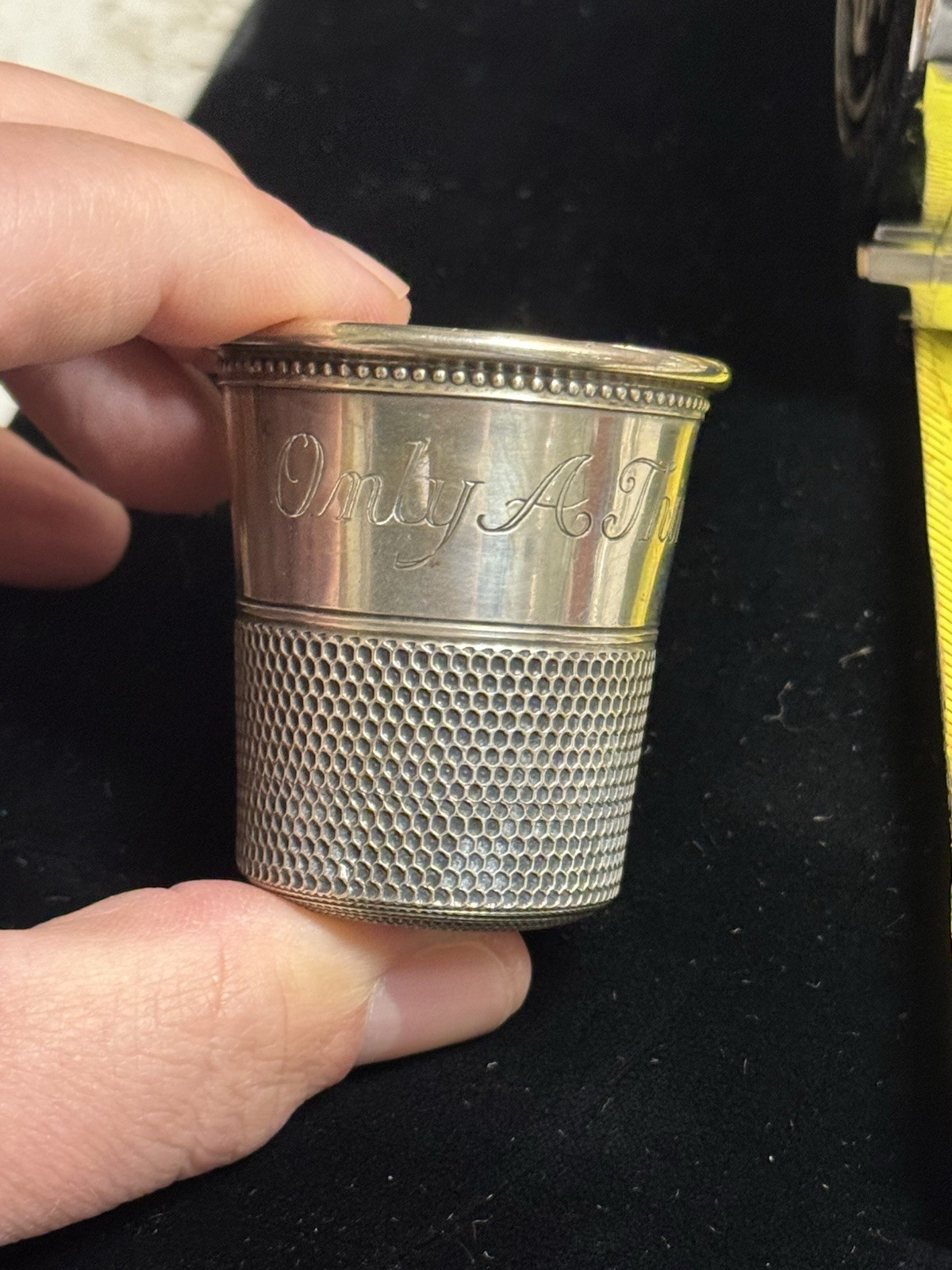 Antique Sterling "Only A Thimble Full" Shot Glass By Charles Thomae