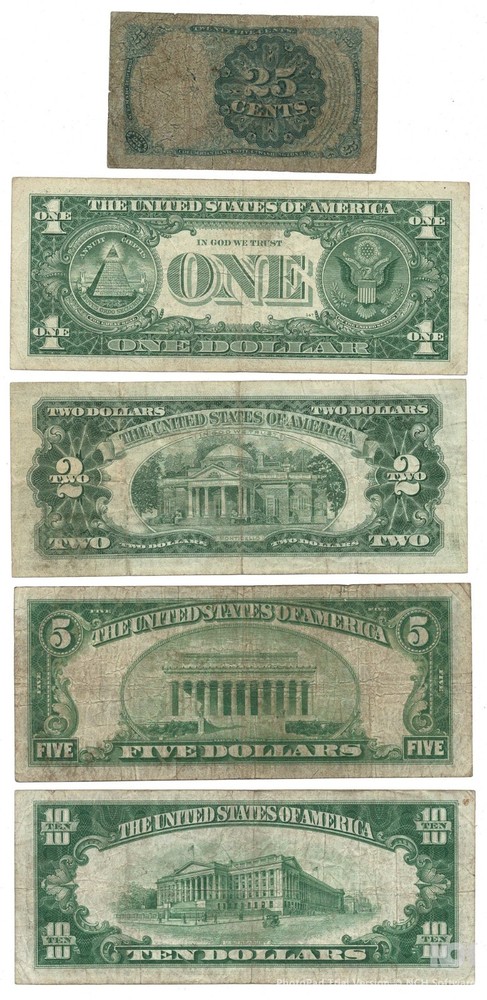 Five US Notes, Fractional, Silver Cert., Fed Res Note, & United States Note