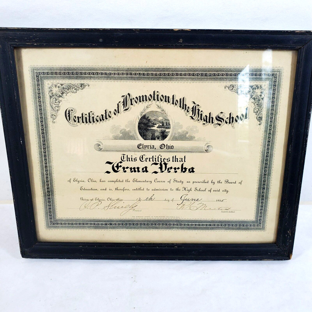 Certificate Promotion Elyria, Ohio Elementary School to High School 1925 Framed