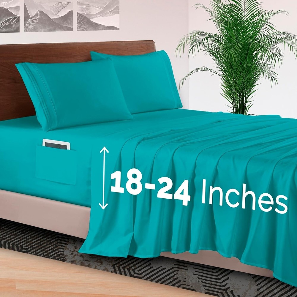 Extra Deep Pocket Queen Sheet Set - 1500 Thread Count Soft Teal Bedding