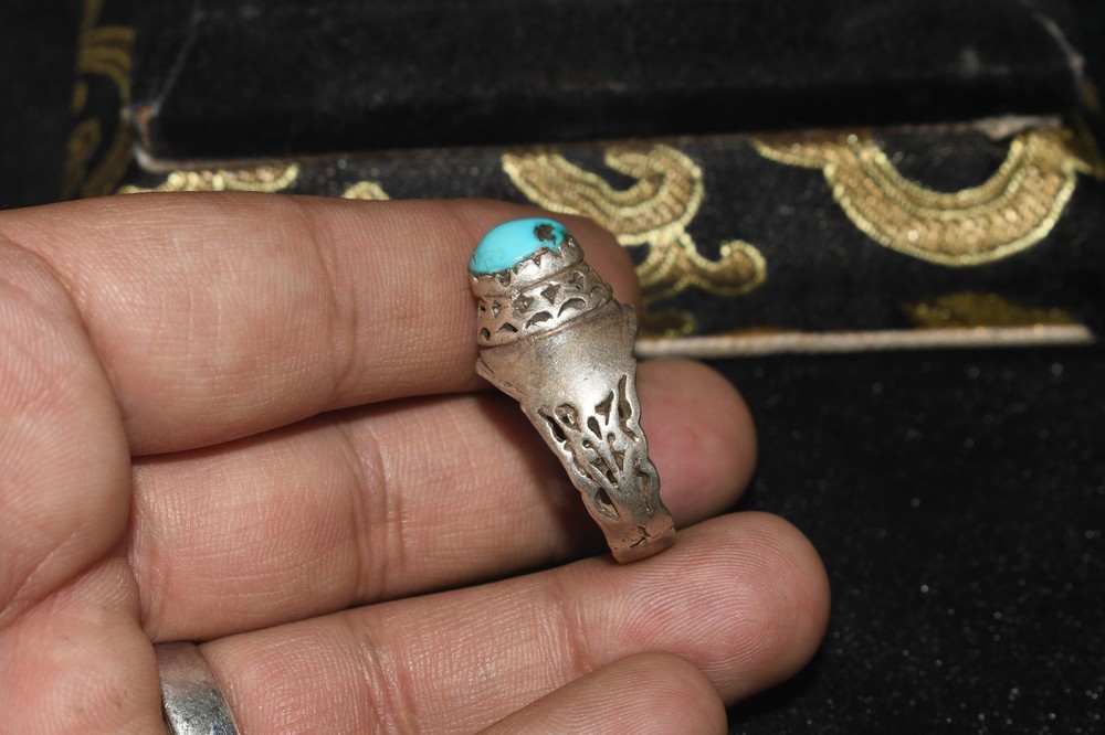 Authentic Antique Old Solid Silver ring with Turquoise Stone Bezel