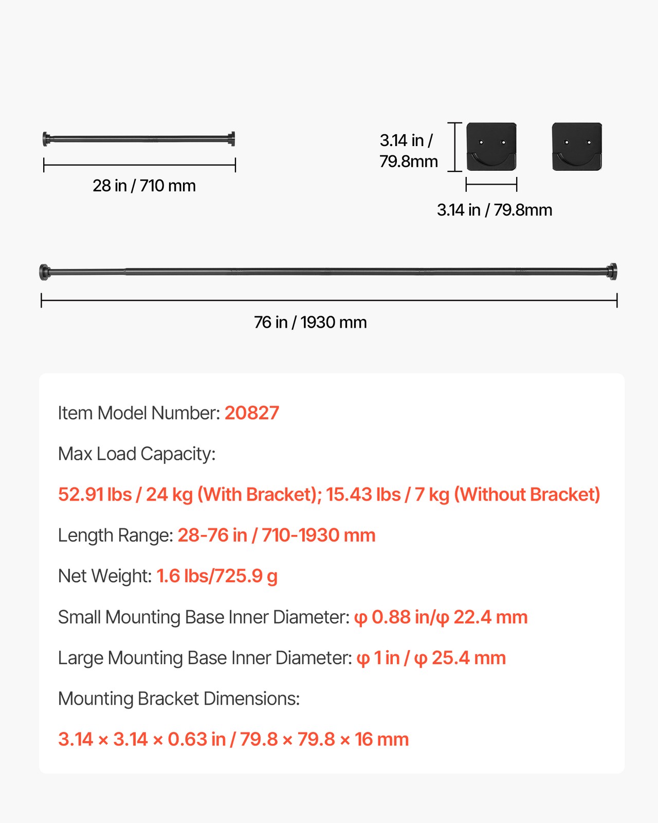 VEVOR Shower Curtain Rod Adjustable Tension Rod 28-76 in Stainless Steel Black