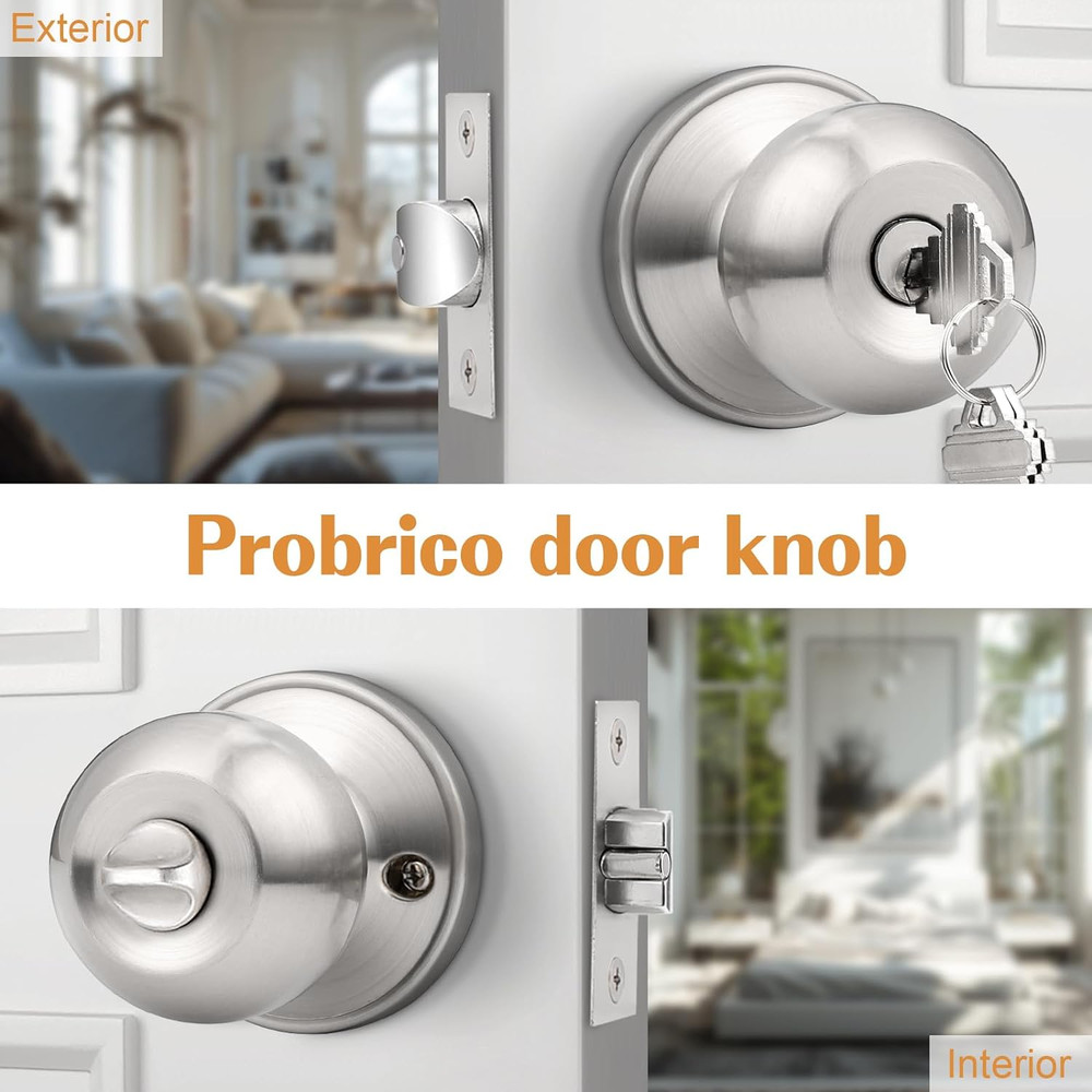 Brushed Nickel One Keyway Ball Door Knobs Entry Lock with Keys, 3 Pack Keyed Ali