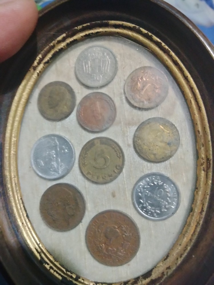 Vintage Foreign Coin Collection in Oval Frame