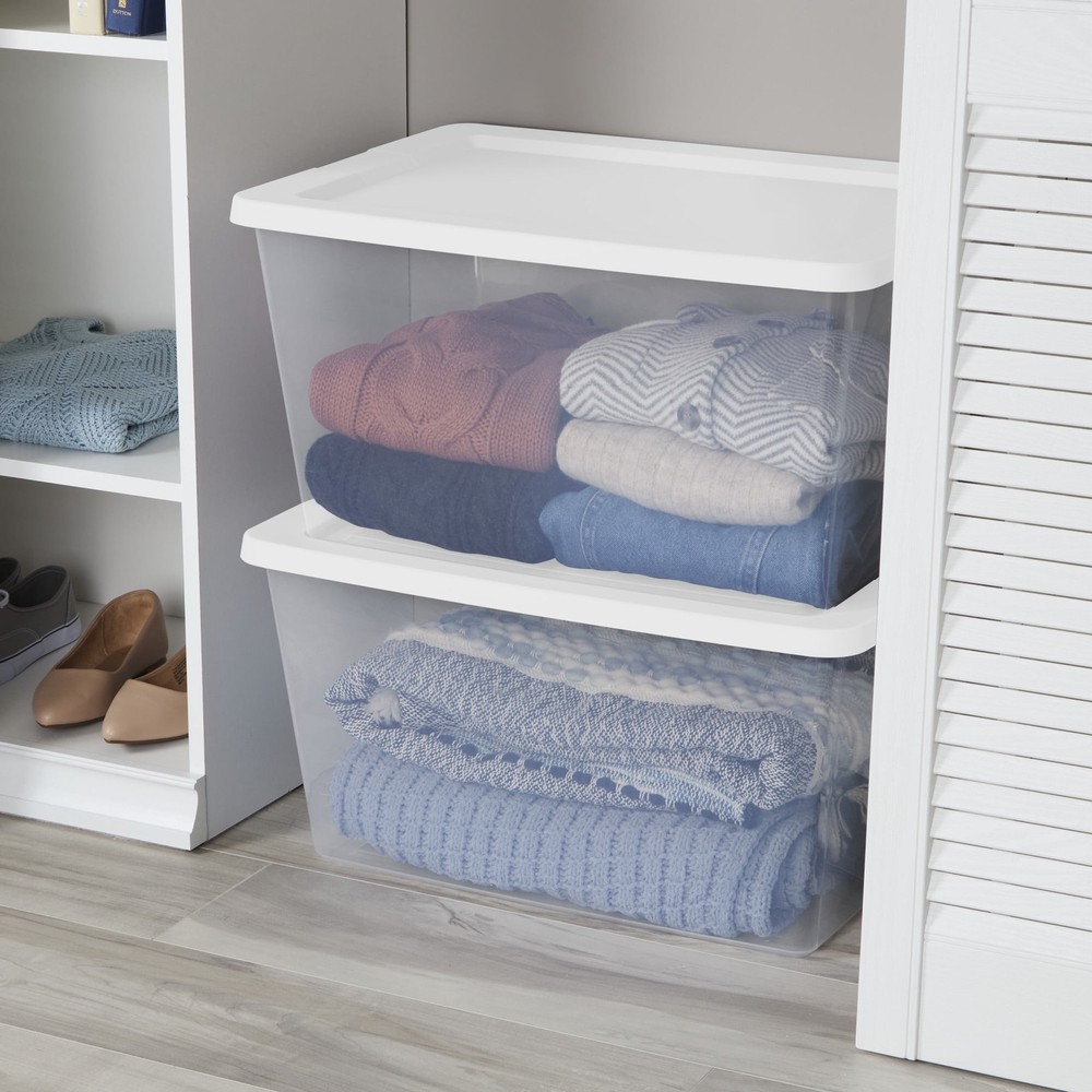 58 Quart Medium Storage Bin Clear Plastic Storage Container W/ Snap-On Lid White