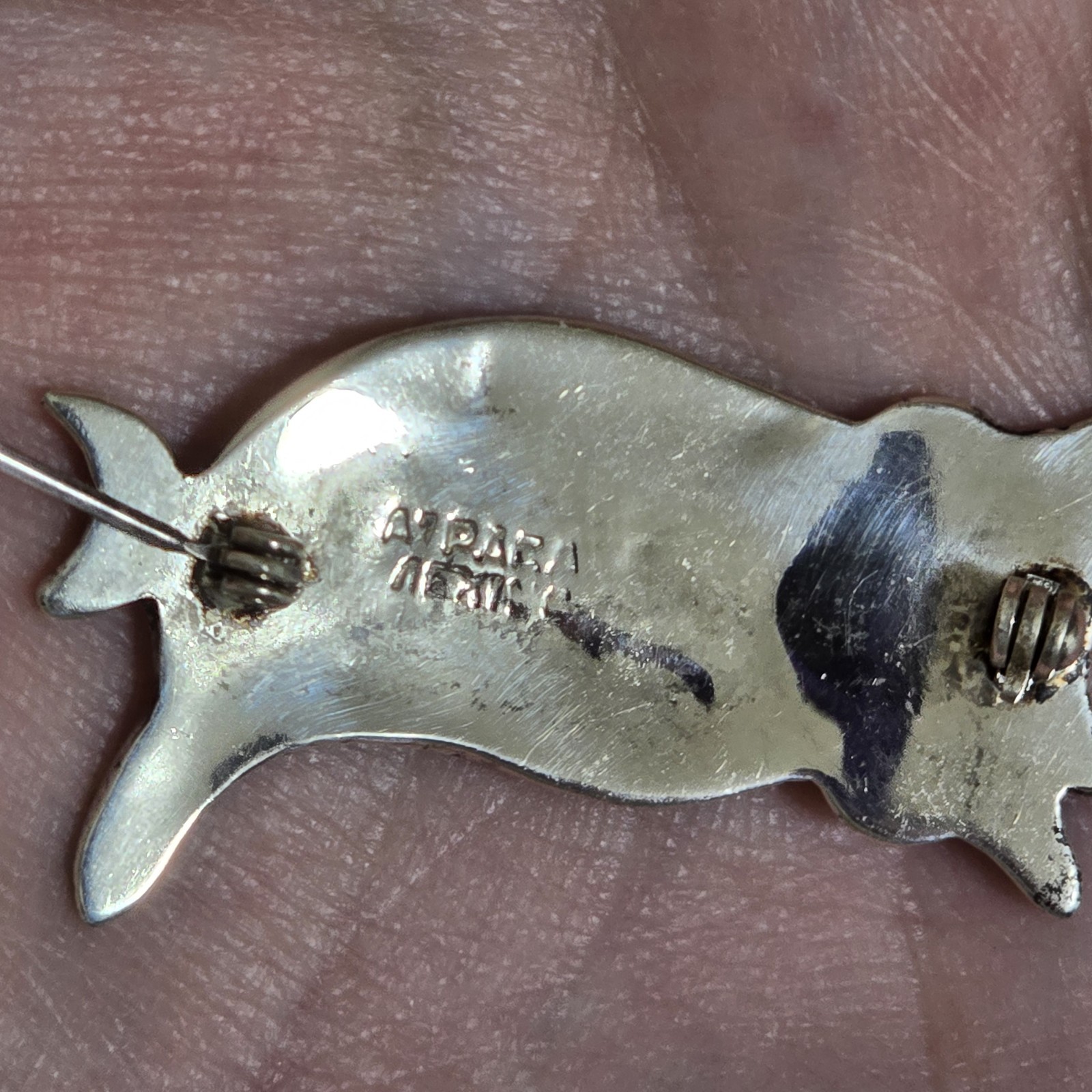 Vintage Brooch Pin Alpaca Mexico Abalone Shell Owl .75" x 1.5"