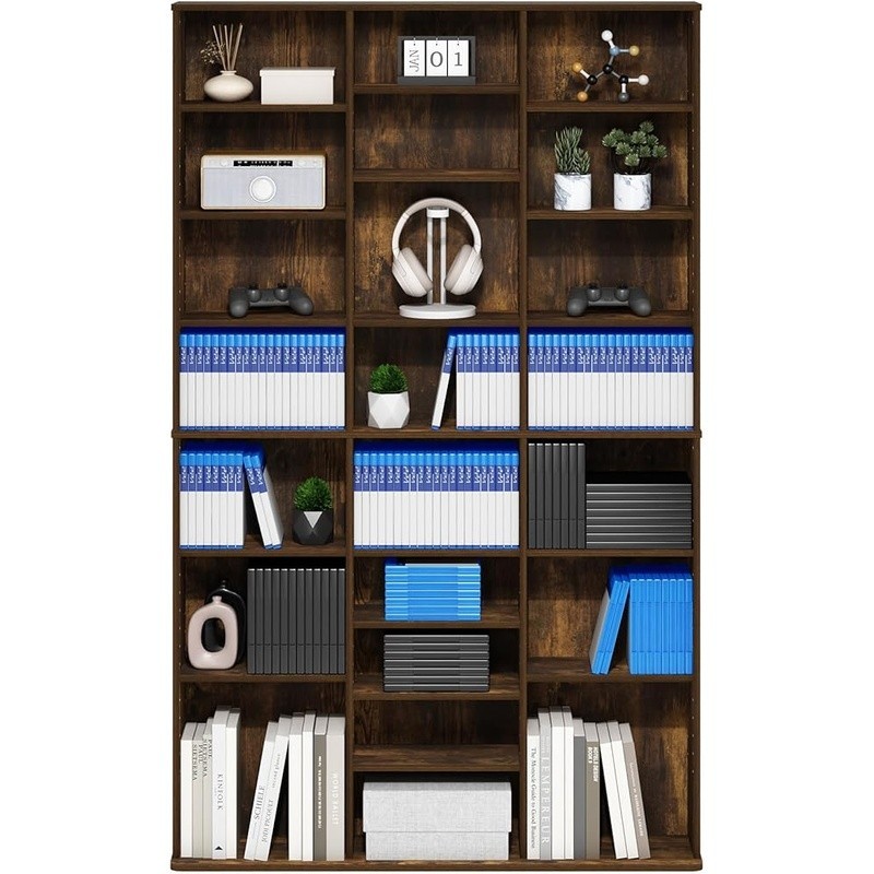 Wood Media Storage Rack Adjustable Shelf DVD CD Blu-ray Organizer Space Saving