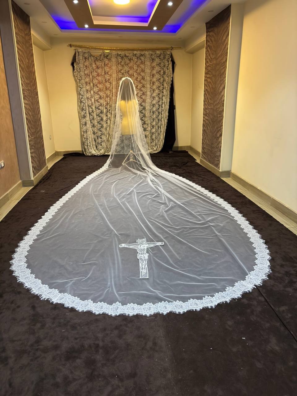 Wedding veil with Lace applique edge Jesus Cross