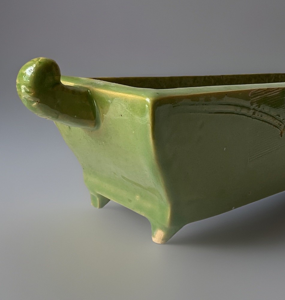 Handmade Studio Pottery Rectangular Dish Green Glazed Ceramic Tray With Handles