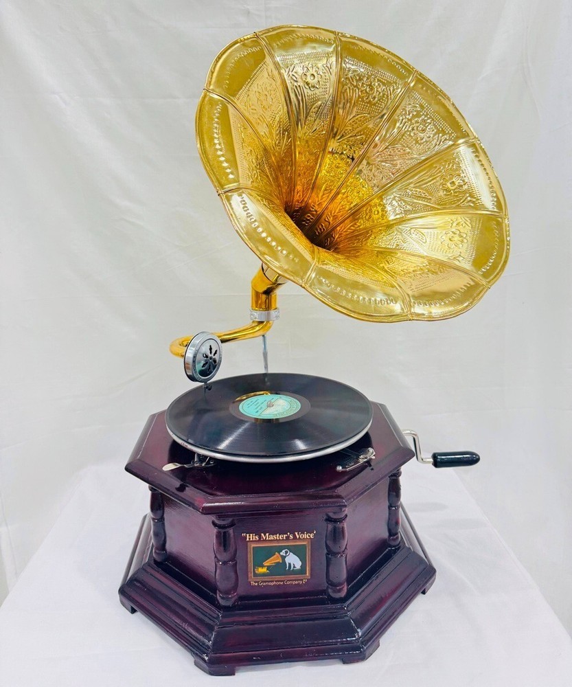 Antique HMV Gramophone Silver Functional working Phonograph win-up record