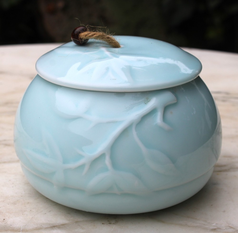 Ceramic Light Blue Pet Urn with Embossed Vines
