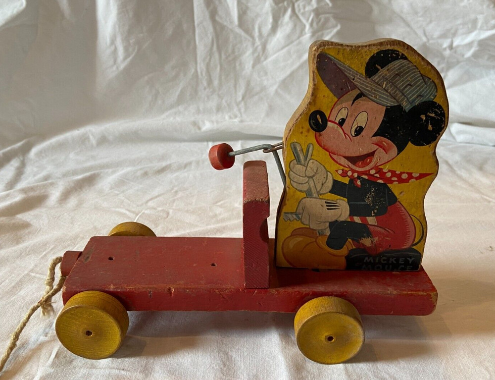 Vintage PARTIAL Wood Pull Toy Walt Disney Mickey Mouse Train Missing Front
