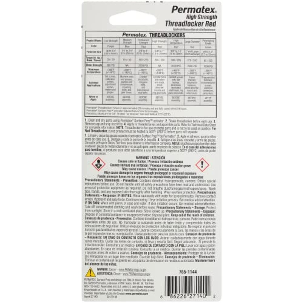 Permatex 27140 High Strength Threadlocker Red, 36 ml Bottle