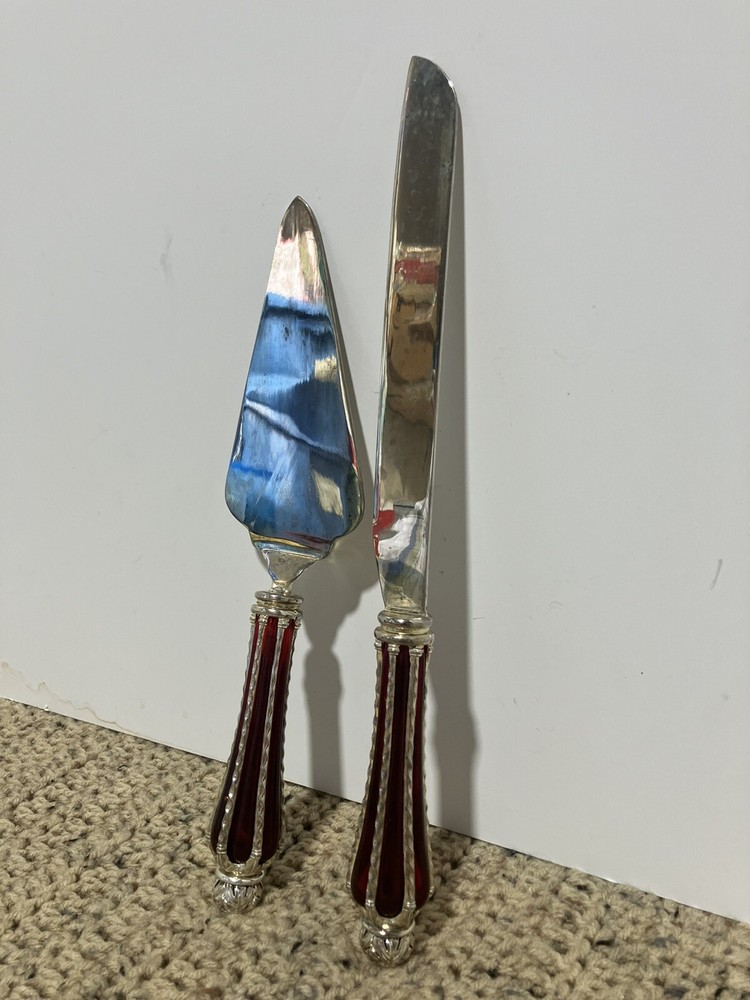 Silver Plated Dessert Set-Knife & Server w/Ruby Red Glass & Silver Accent Handle