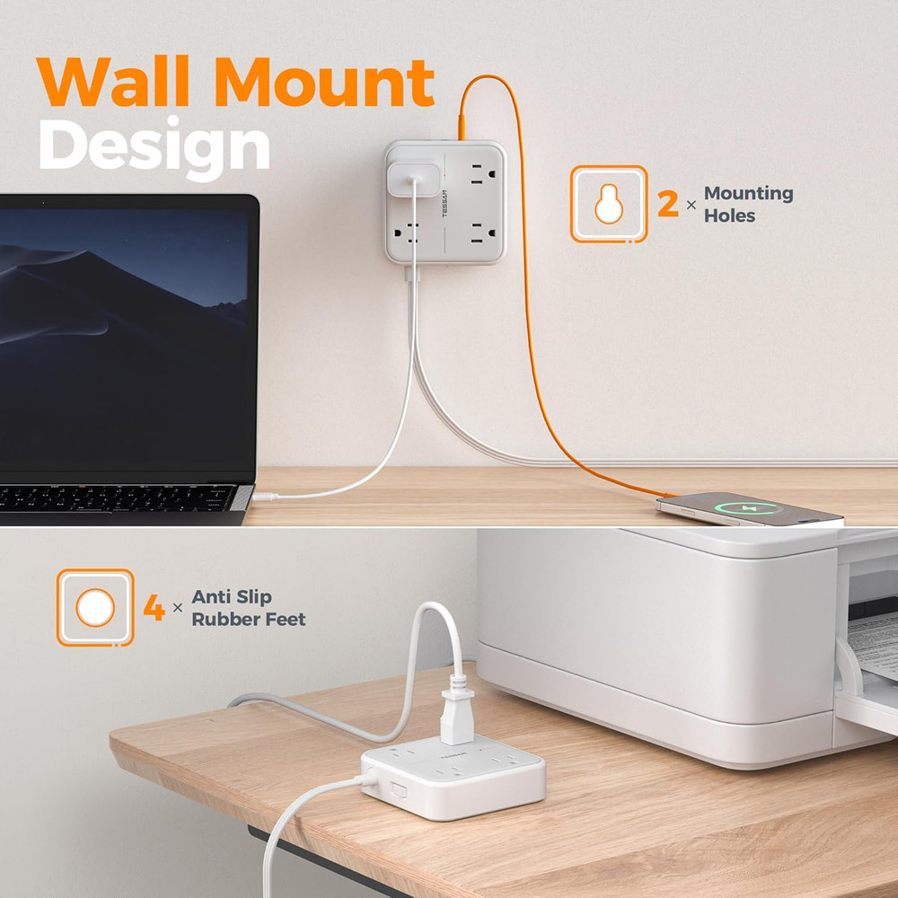 Flat Plug Extension Cord 5 Ft, Surge Protector Power Strip Ring Pull with 3 USB