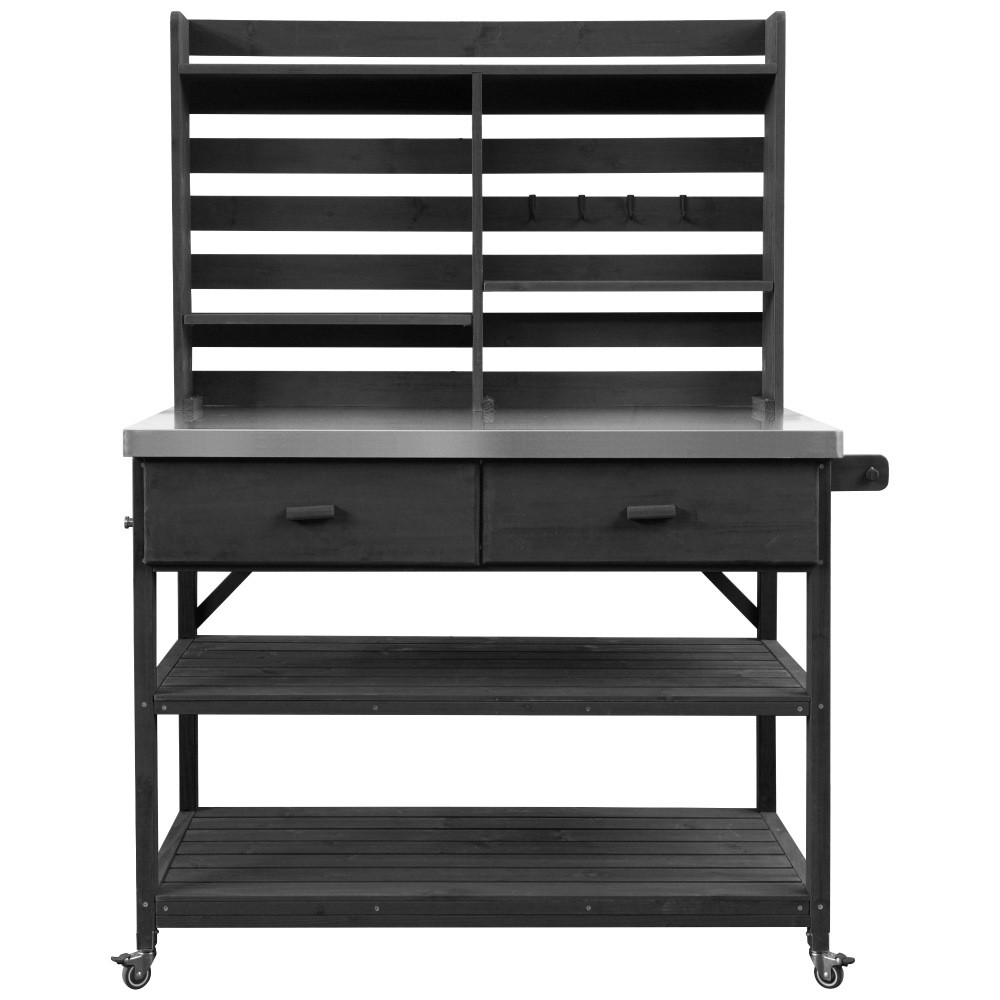 64.9"H Solid Wood Potting Bench Table w/ Lockable Wheels,Outdoor Kitchen Storage
