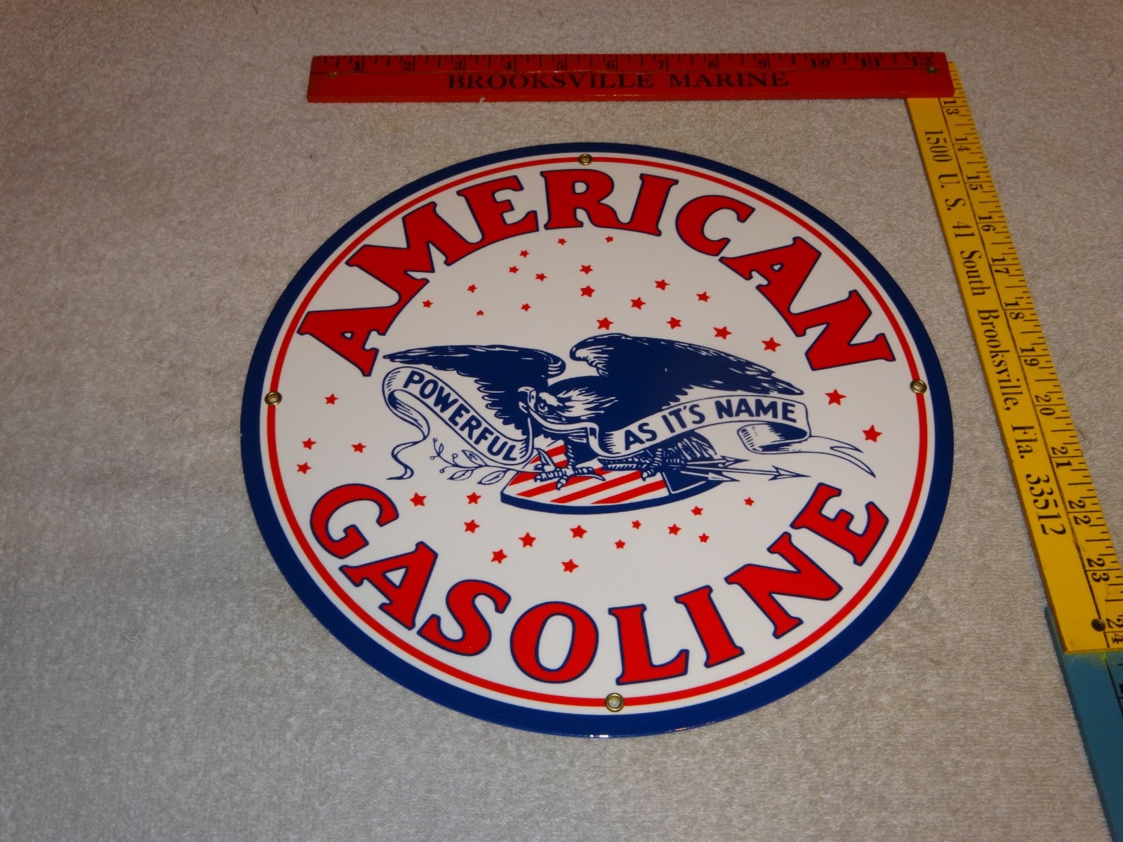 VINTAGE AMERICAN GASOLINE POWERFUL EAGLE  11 3/4" PORCELAIN METAL GAS & OIL SIGN