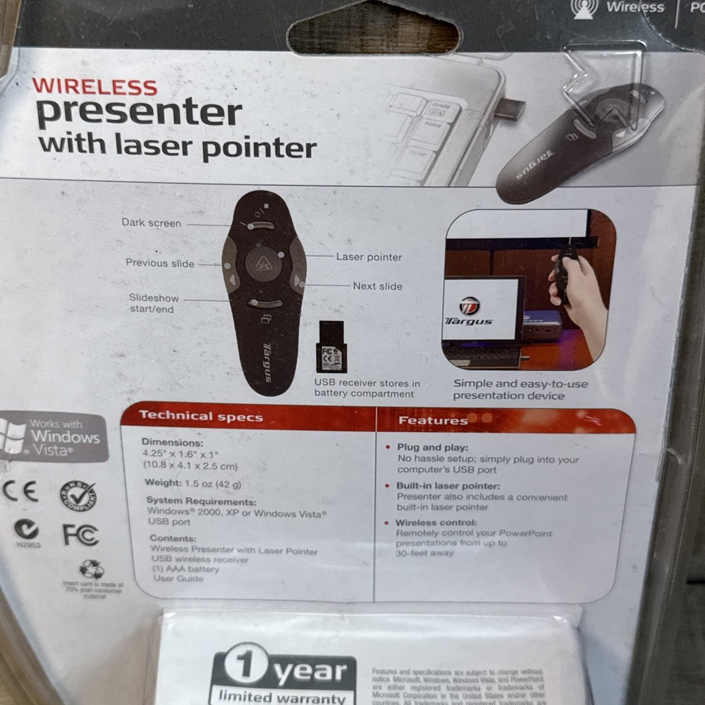 Targus Wireless Presenter Laser Pointer Remote AMP03US New in OEM Packaging