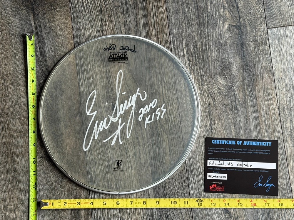 KISS Drumhead ERIC SINGER Concert Used Signed Autograph CoA 12" NJ 2010 Tour