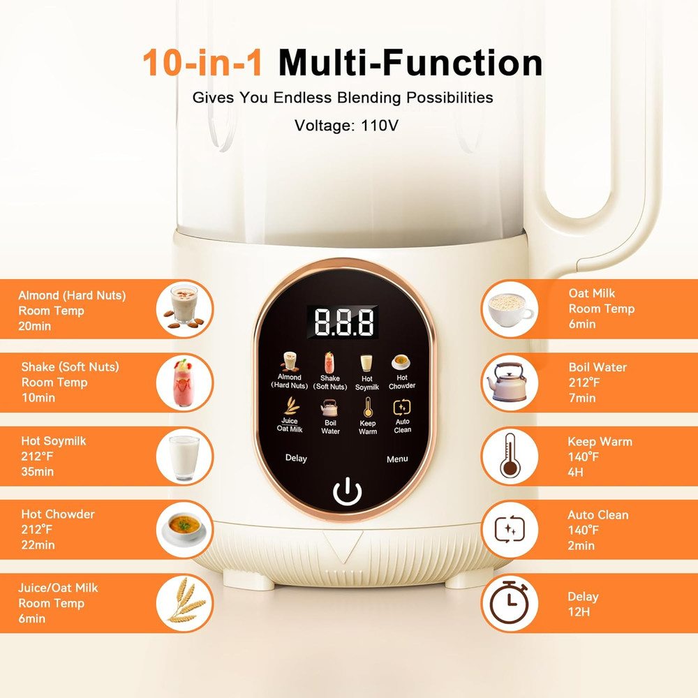 50Oz Automatic Nut Milk Maker with 10 Functions and Auto Clean Feature