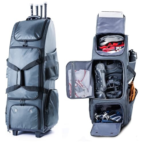Rolling Baseball Bag with Sturdy Hard Backing - Large Softball Upgraded Grey