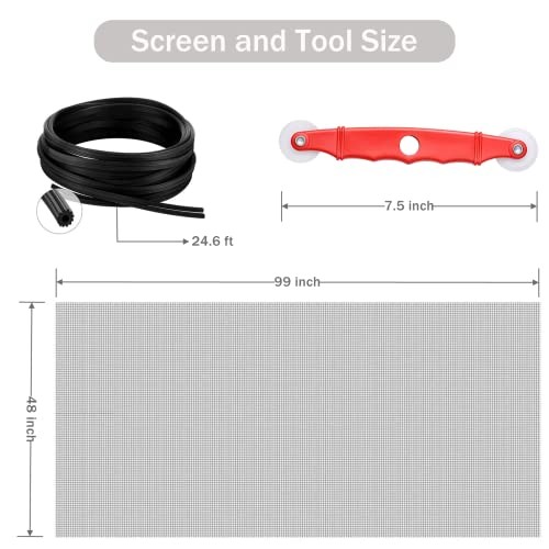 Window Screen Replacement Kit, 48'' x 99'' Fiberglass Screen Mesh with Rolling