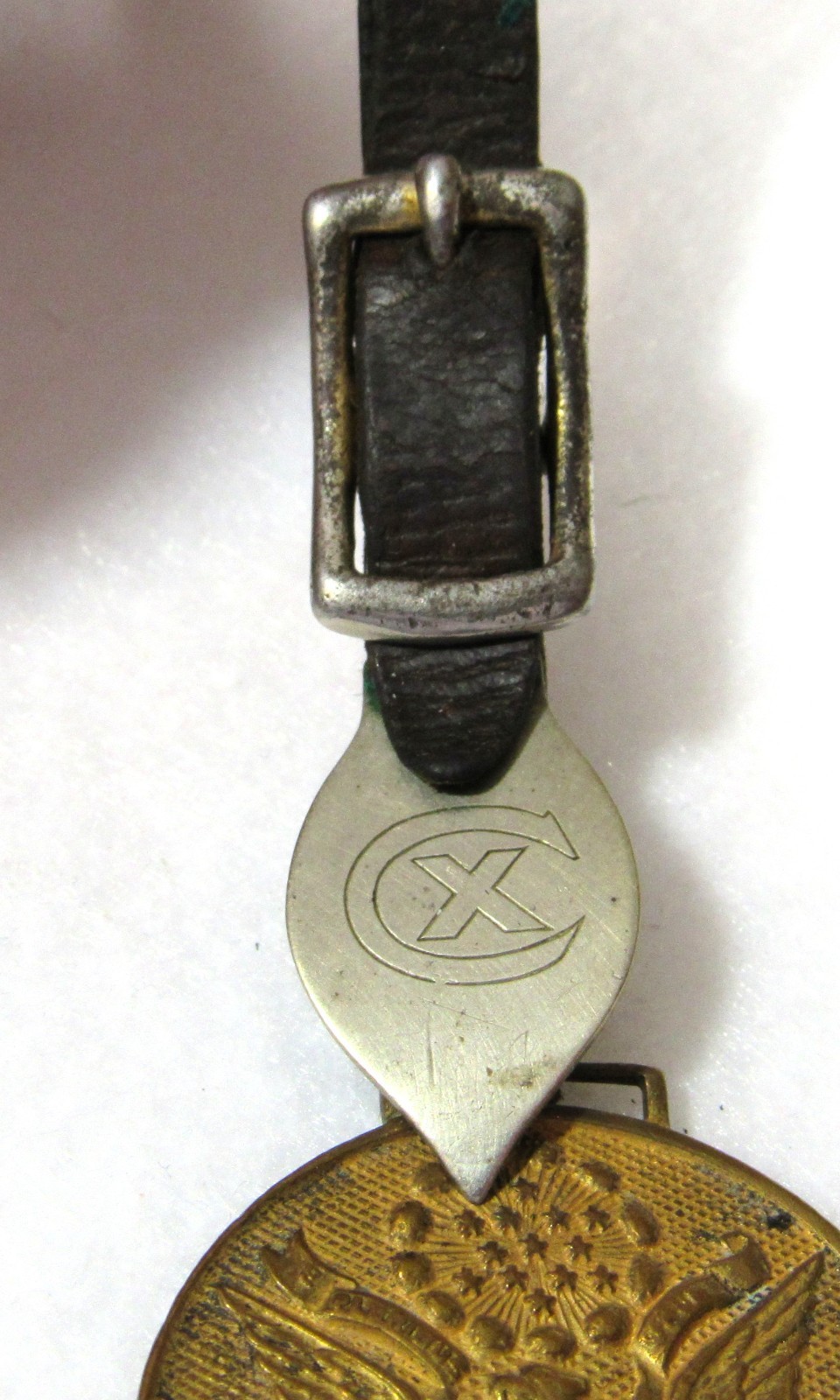 WWI US ARMY BRASS EAGLE WATCH FOB W/ LEATHER STRAP