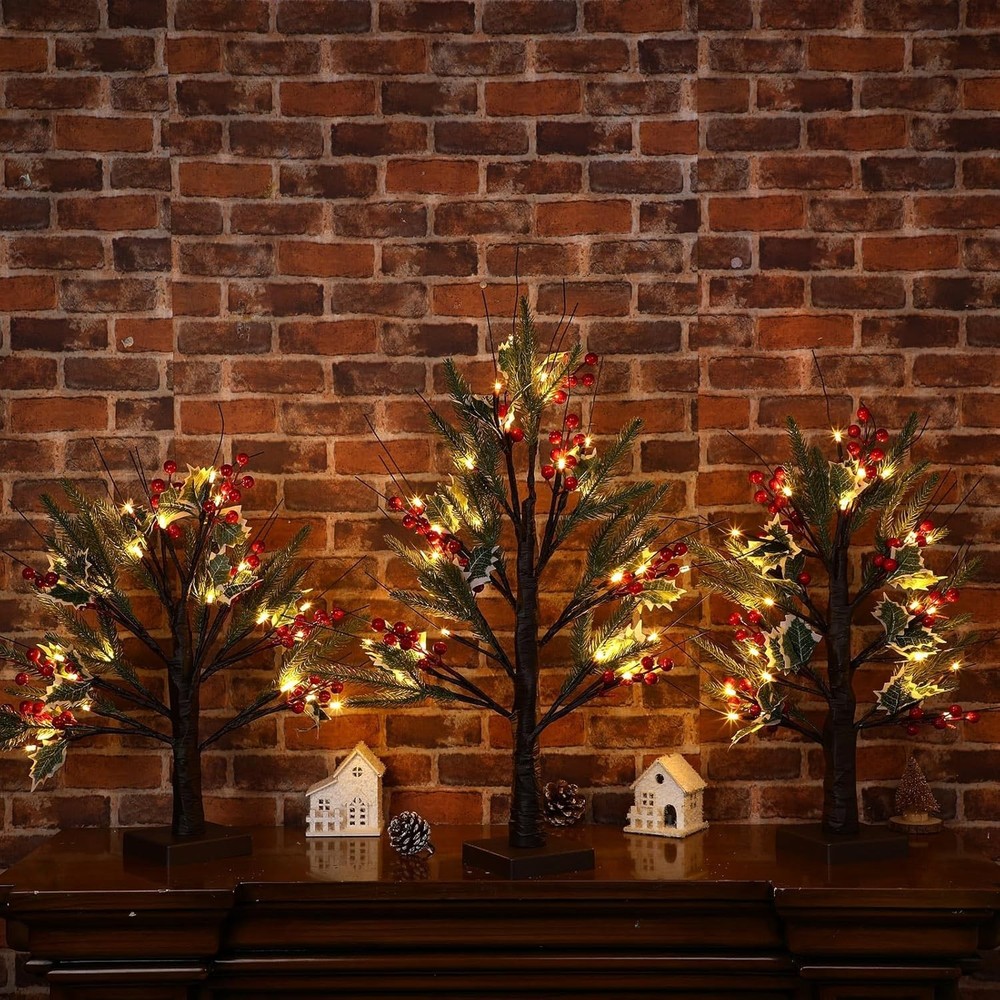 3 Pcs Christmas Lighted Birch Tree with Berry Stems Pine Branches Tree, 1.5ft...
