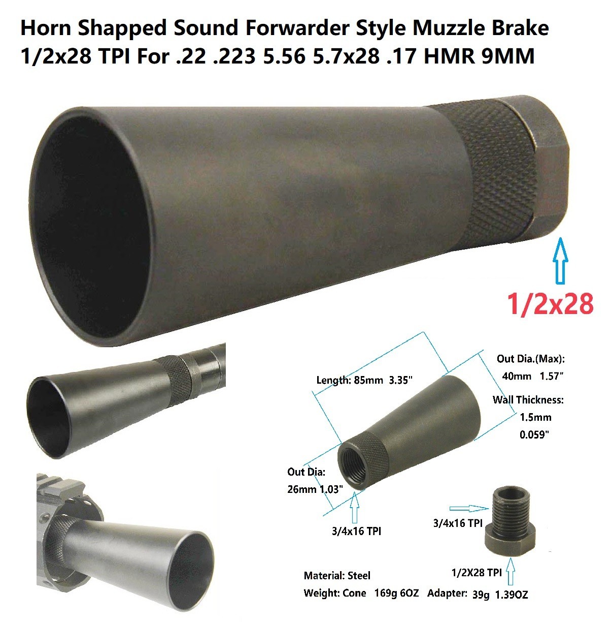 1/2X28 TPI Horn Shapped Sound Forwarder Muzzle Brake F 22 223 5.7x28 .17HMR 9MM