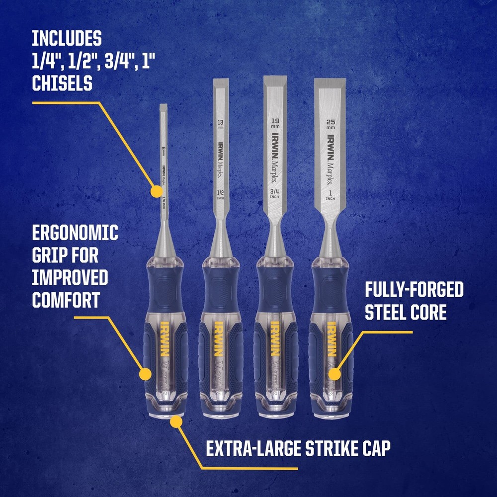 IRWIN Marples Wood Chisel Set, 4-Pack, Extra-Long Strike Cap, Durable