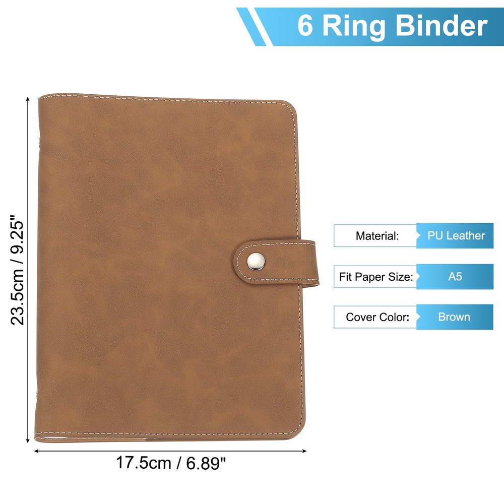 A5 PU Leather Binder Cover, 6 Ring Loose Leaf Binder Protector, Brown