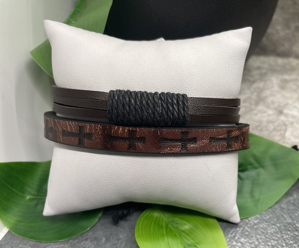 2 PC Leather Bracelet Cross Stackable Adjustable Tie Free Ship B3253