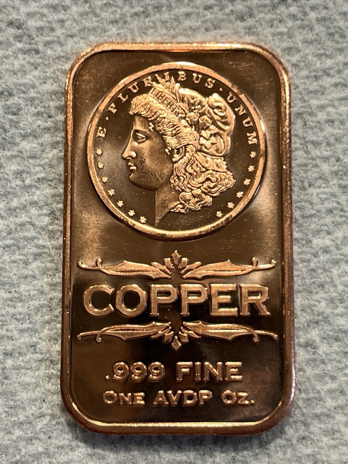 1 oz Copper Bar Morgan Dollar Motif.