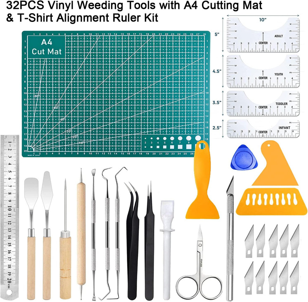 32Pack Vinyl Weeding Tools with T-Shirt Alignment Ruler Kit, Weeding Tools for V