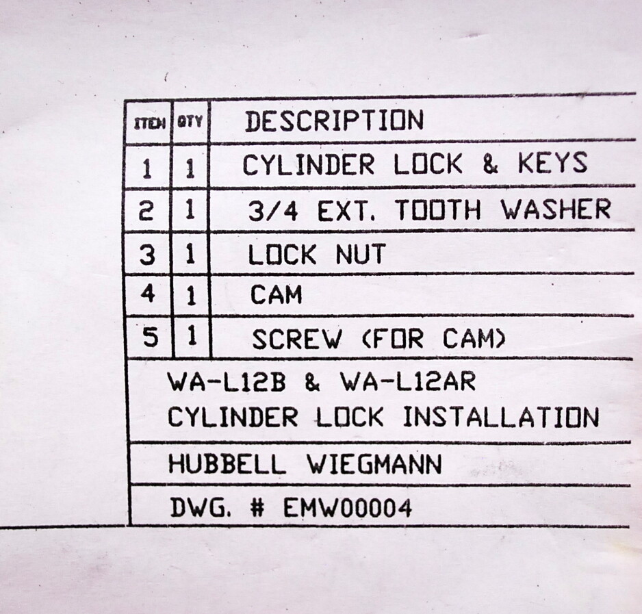 Wiegmann WAL12ARWW Cylinder Lock & Keys