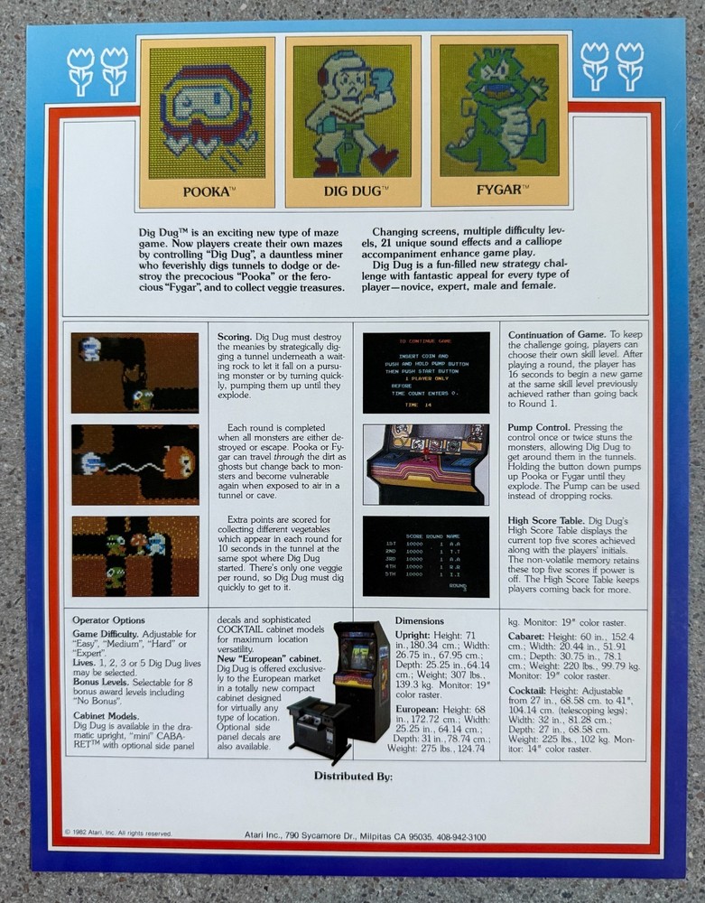 Dig Dug Original Arcade Flyer | 1982 Atari | Excellent Condition