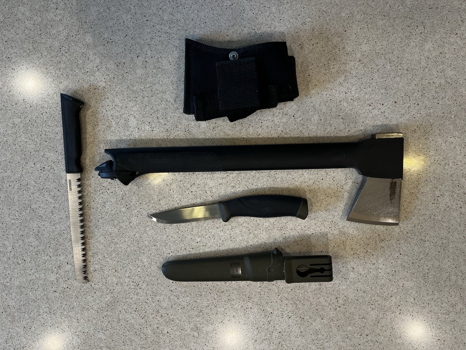 Gerber Hatchet Black Silver Plastic Handle with saw and a  morakniv knife