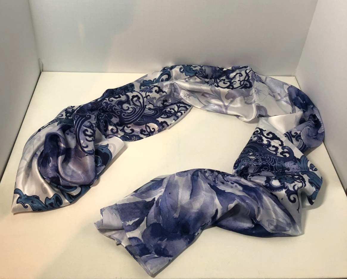 ASILK Scarf, Blue and White, 100% Silk, China, 66.9" x 21.7"