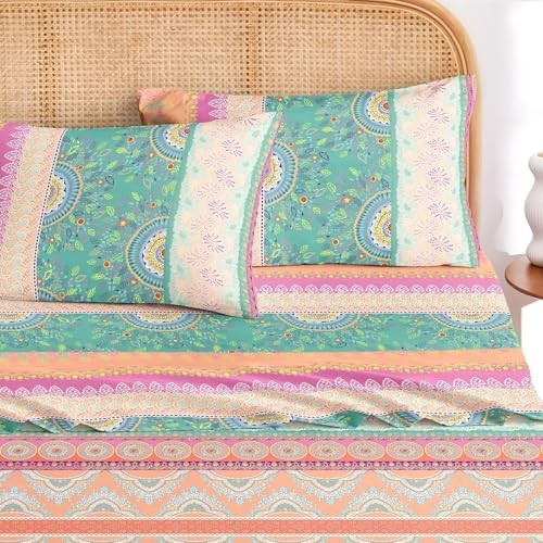 - Boho Bed Sheets, 4-Piece Sheet Set, Bohemian Chic Queen Orange Green