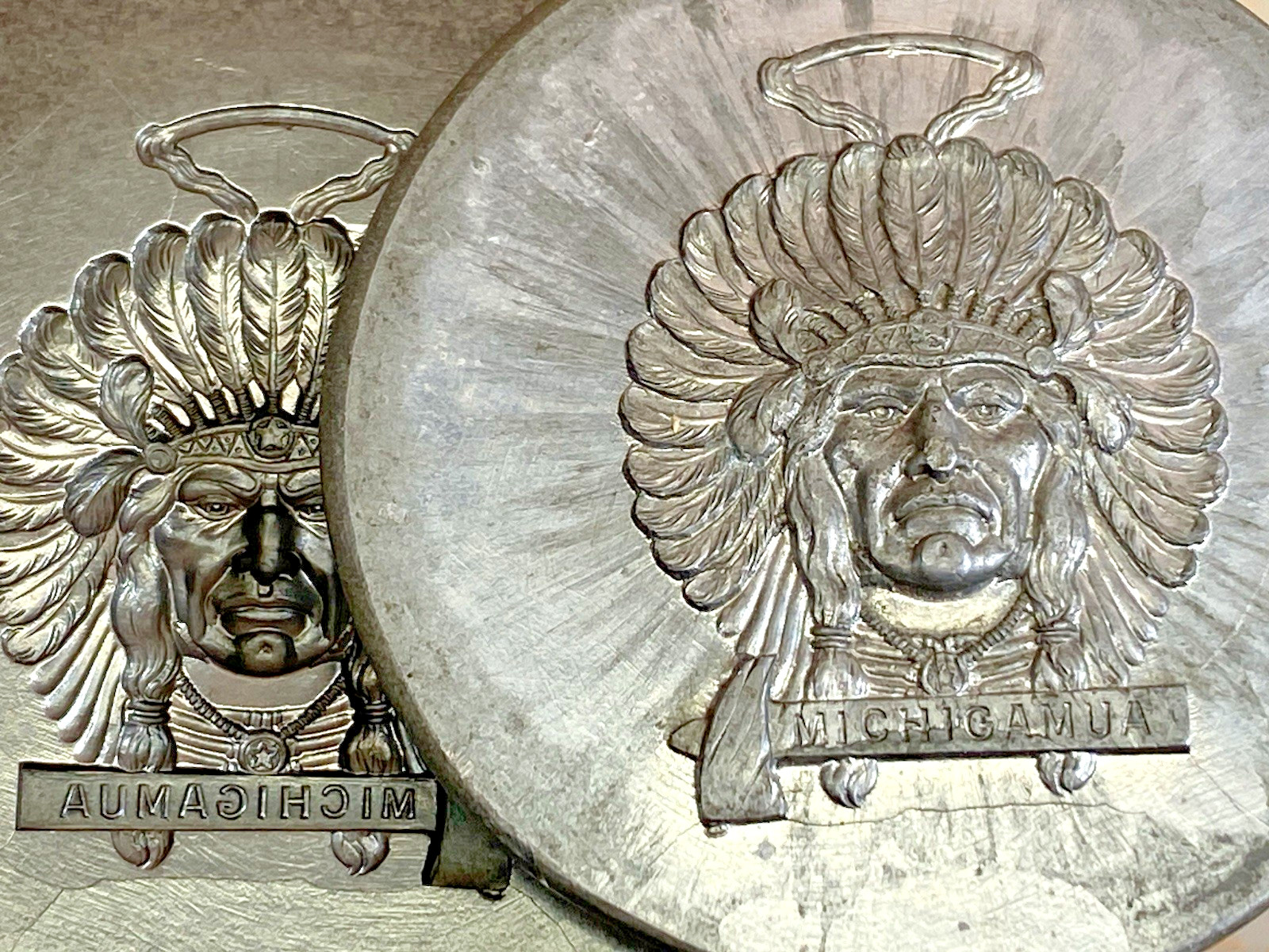 VTG Die Mold Native American Indian Chief Michigamua Tomahawk Watch Fob Medal