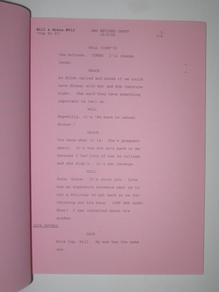 WILL & GRACE ORIGINAL SCRIPT FOR "COP TO IT" 2nd REVISED DRAFT SEASON 8 2005