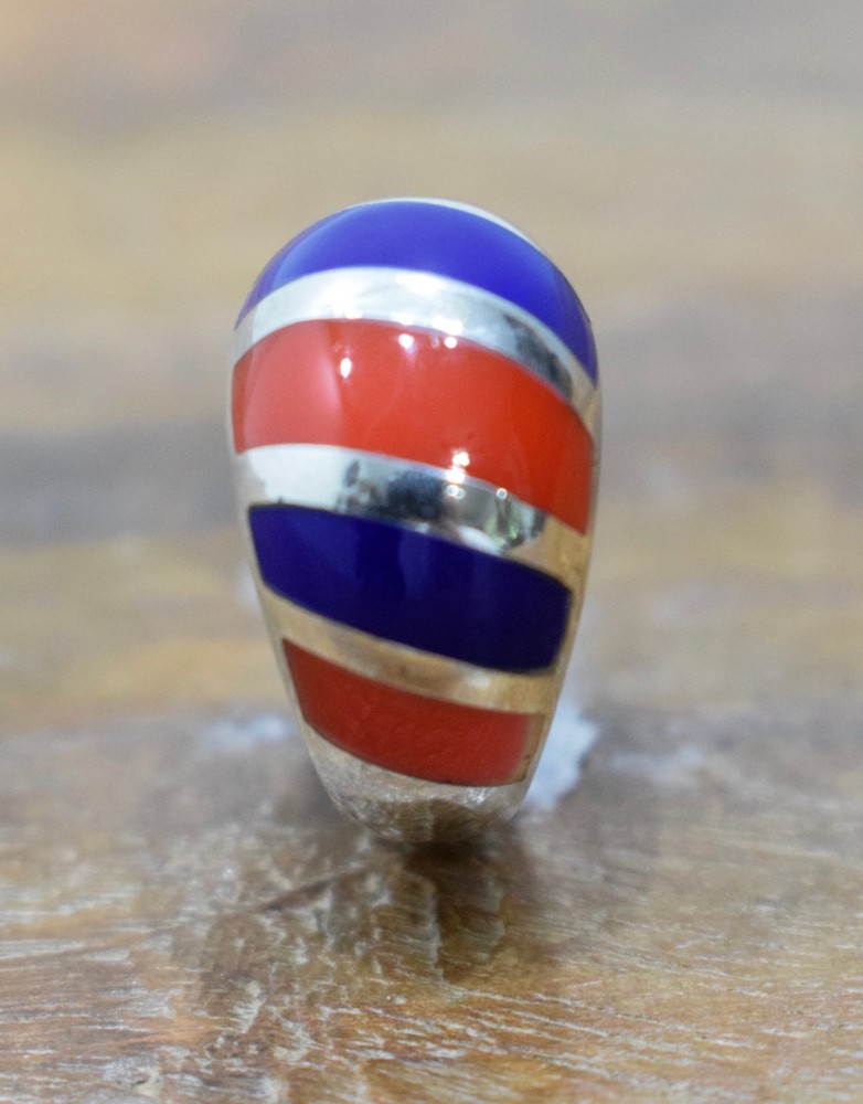 Ring Sterling Silver Red Blue Stripped Ring