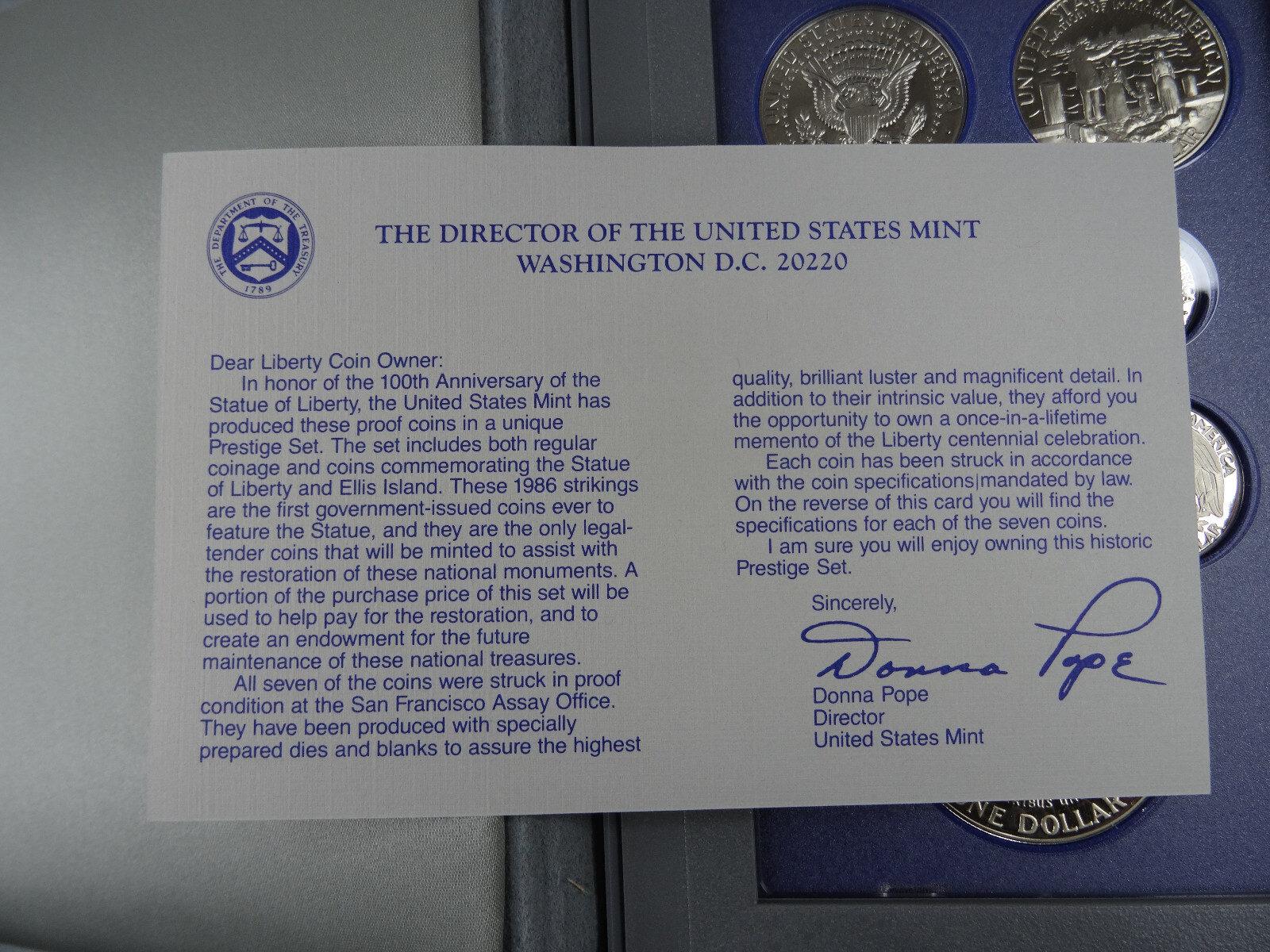 1986-S US Mint Prestige Proof Set Olympiad Silver Dollar Box & COA 7 Coins