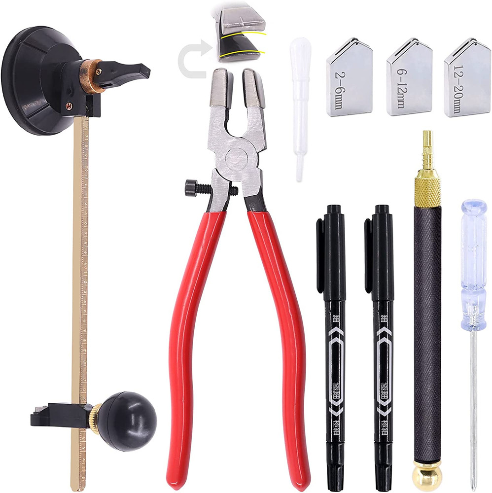9 Pcs Glass Cutting Tool Set Kit Includes Adjustable Circular Glass Cutter,