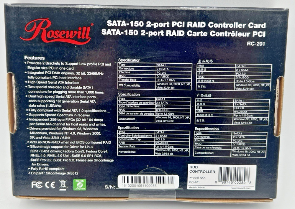 (2) ROSEWILL RC-201 SATA-150 PCI RAID CONTROLLER CARD 2-PORT