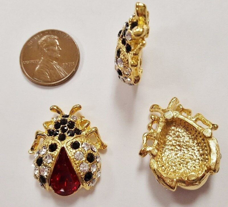 1 Retro Crystal Ruby Jet Rhinestone Ladybug Gold 26x23mm. Cabochon Finding E210