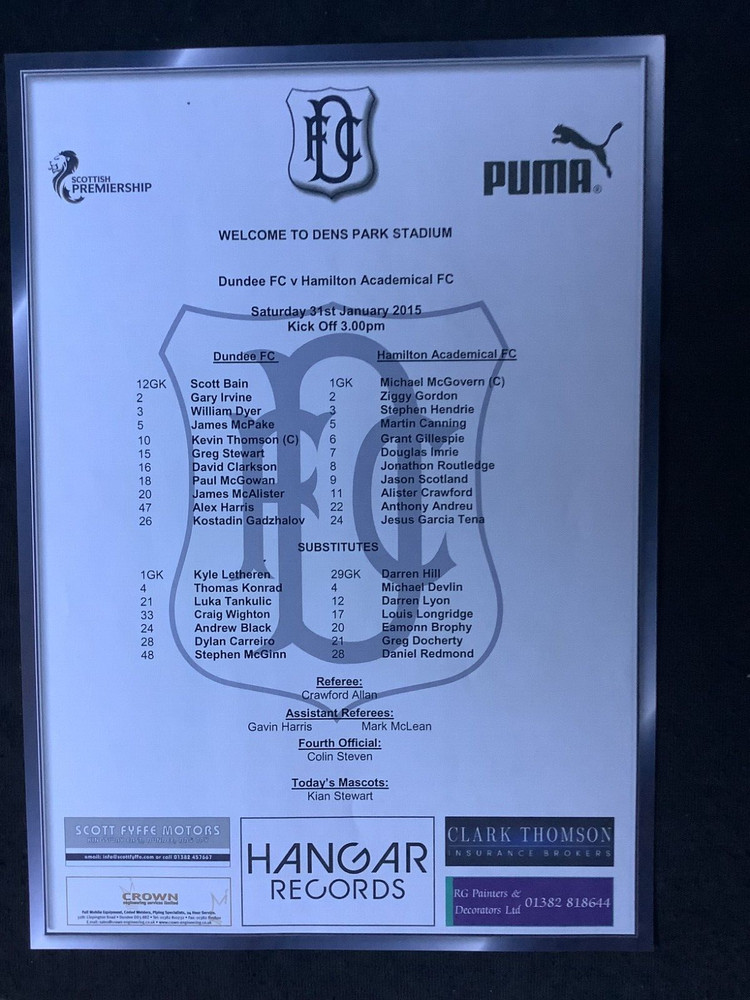 2014/15 Dundee v Hamilton Accies January teamsheet